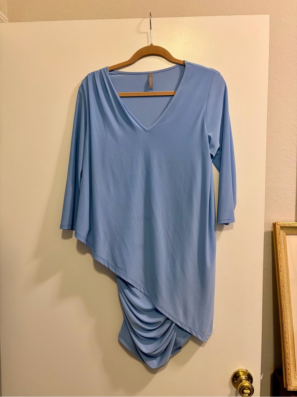 Last Tango Light Blue Asymmetrical Draped V-Neck Tunic
